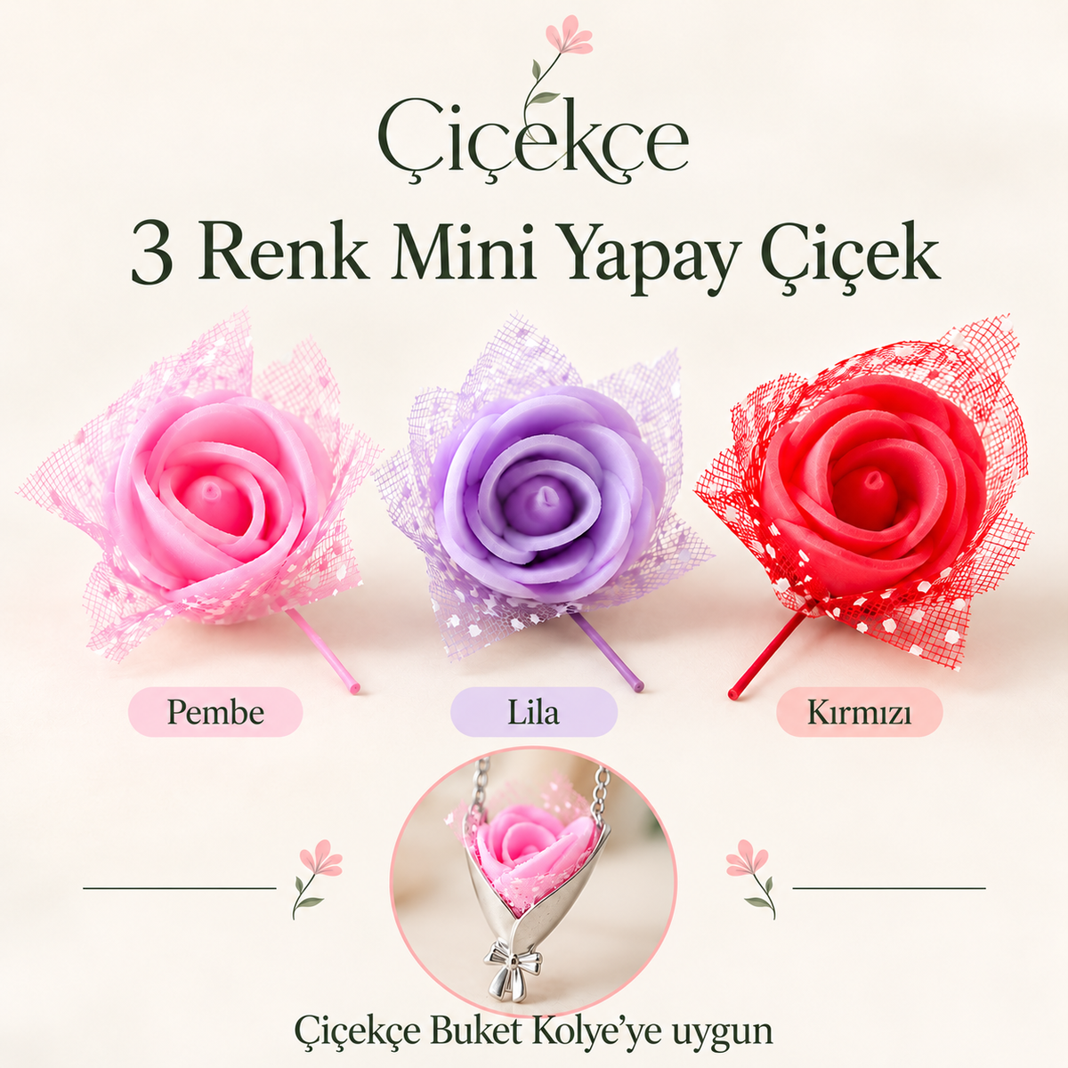 Çiçekçe 3 Renk Mini Yapay Çiçek Seti